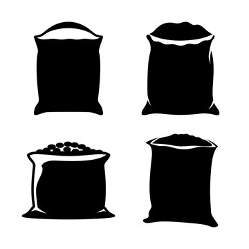 Four black sacks with different fill levels - Simple vector illustration showing four black sacks, each with varying amounts of grain or material inside, arranged in a 2x2 grid.