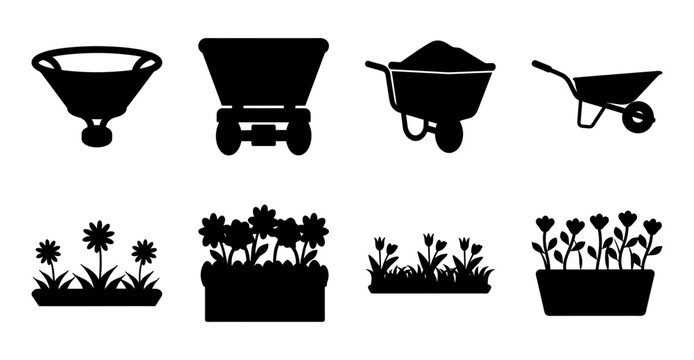 Garden tools and flower pots icon set - Minimal black and white icon set showing garden tools, wheelbarrow, and flower pots with plants for gardening and landscaping designs.