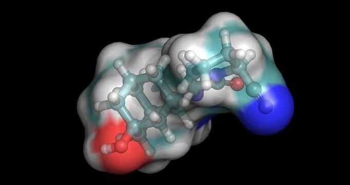 Vildagliptin, drug/DPP-4 inhibitor for type 2 diabetes, 3D molecule spinning, 4K