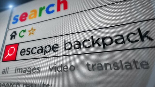 Escape pack text typing on browser screen. Searching internet with monitor pixel display macro view.
