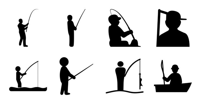 People fishing in various styles and positions - Black and white vector icons showing different people engaged in fishing activities with rods, sitting, standing, and boating.