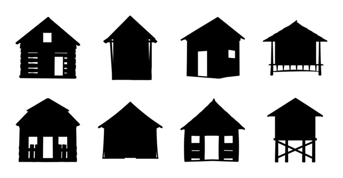 Simple black house icons set with different styles - Minimalist black silhouette icons of houses in various architectural styles, ideal for web design, presentations, or infographics.