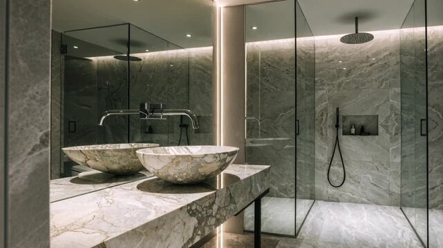 Modern luxury bathroom interior with marble glass shower rain shower rainfall shower marble sink marble countertop spa stone design architecture
