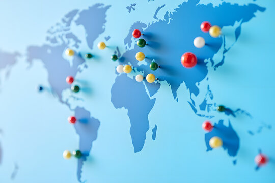 Global Destinations Marked: A world map displays numerous pushpins in various colors, marking diverse locations across continents, symbolizing travel and global reach.