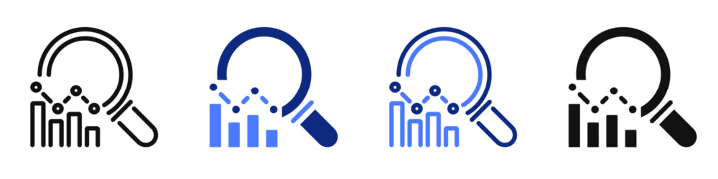 Vector icon or logo of data graph and magnifying glass related to statistics and analytics, data science and research. Symbol for website or app UI, logo design, illustration