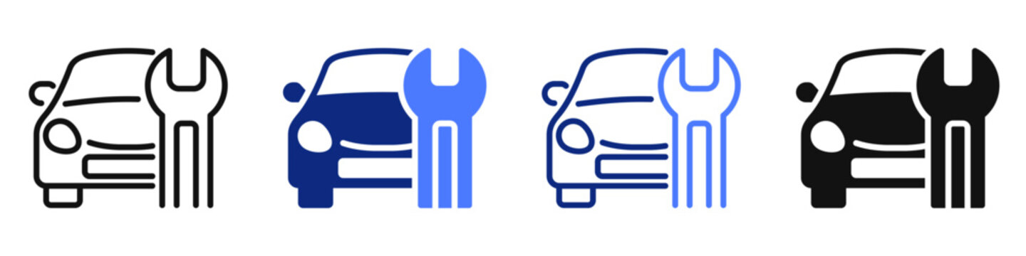 Vector icon or logo of car with wrench related to car maintenance service, car equipment shop, transport industry. Symbol for website or app UI, logo design, illustration