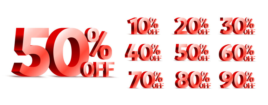 Collection of vector red 3d numbers and percentage sign from 10 to 90 for sale and special offer promotion isolated on white background