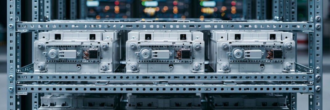 Medium shot of a stationary battery rack system showcasing robust electrical hardware and tightly secured support frames for stable energy storage installations.
