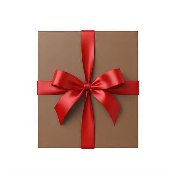 Red gift box with shiny ribbon bow on brown paper background