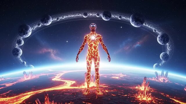 Cosmic Being Stands on Alien Planet Surrounded by Moons.