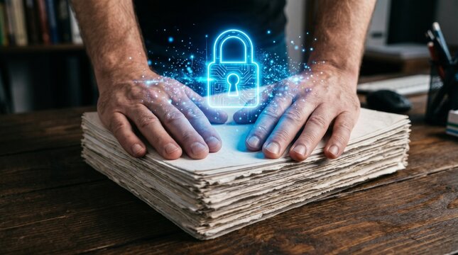 Business professional protecting confidential data stack with digital security lock icon symbolizing cybersecurity protection concept for internet safety and information privacy on wood desk.