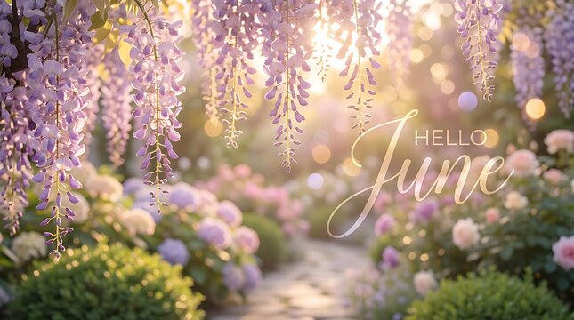 Hello June text with seven daisies on a blue background, simple and cheerful spring or summer floral arrangement...