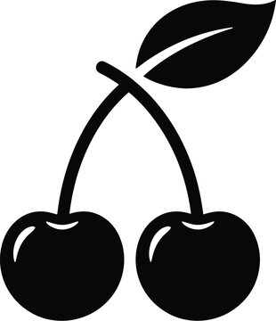 Black silhouette of two cherries with leaf on stem for logo or icon use
