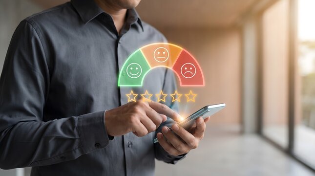 Customer uses a mobile phone to select a five star rating on a colorful feedback gauge representing high service satisfaction levels.