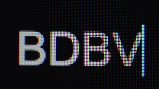 Qingdao,China-May.20.2026:A macro photo of an electronic screen displaying the uppercase text "BDBM" with a vertical typing cursor and RGB pixels.