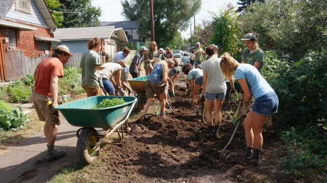 Community garden weed-pulling day, multi-family teams tilling soil, wheelbarrows of veggies, rainbow tools, sunny morning dew, growth and grit