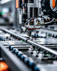 Fototapeta premium Automated saw precisely cuts graphite rods to length creating smooth beveled edges showcasing advanced industrial machining in a hightech manufacturing environment.