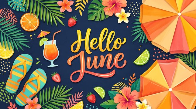 Hello june lettering with summer elements, tropical leaves, hibiscus flowers, fruits, flip flops and beach umbrellas on dark blue background.