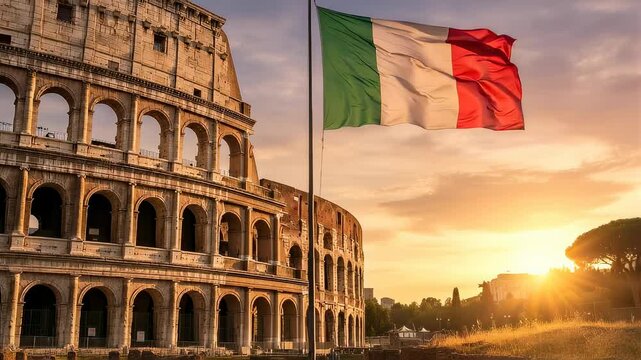 Italian flag waving in front of the Colosseum in Rome. Landmark of Italy at sunset. National symbol and culture during celebration of Festa della Repubblica iconic.