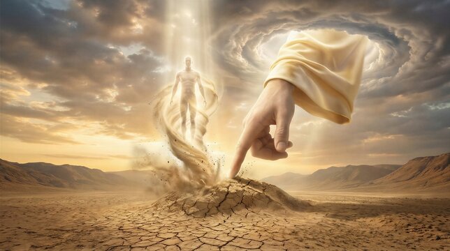 God creating man from dust in the Bible. Finger touching earth to form a living human male figure. Divine power bringing life during creation. Biblical scene from the Book of Genesis.