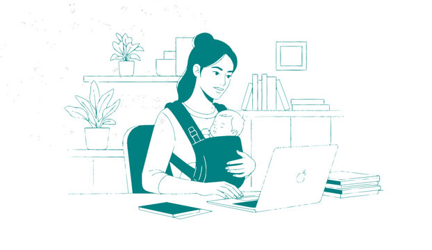 Working mother multitasking with laptop and baby carrier home office concept vector illustration black and white
