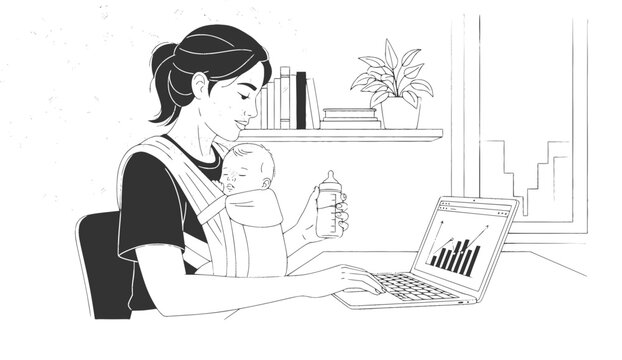 Working mother multitasking with laptop and baby carrier home office concept vector illustration black and white
