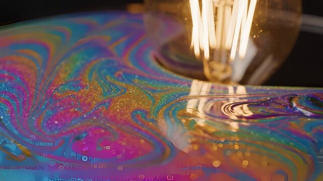 Closeup of iridescent oil slick reflecting a vintage Edison light bulb.