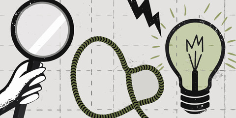 magnifying glass coiled rope and lightbulb illustration on textured background © Prodip