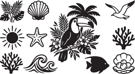 Fototapeta premium Tropical icons with toucan and sea creatures design