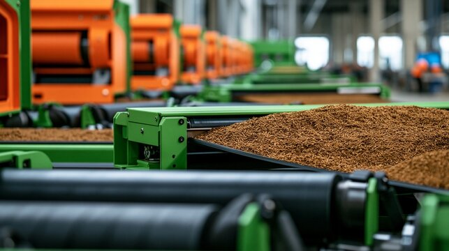 Medium shot of automated machinery processing lignin pellets on a biobased carbon precursor production line in a modern industrial plant.