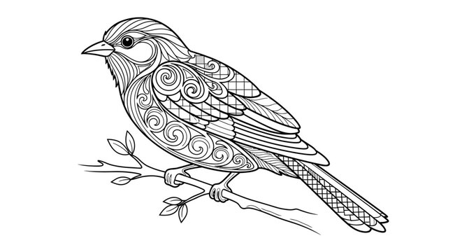 Detailed bird on branch line art for coloring book