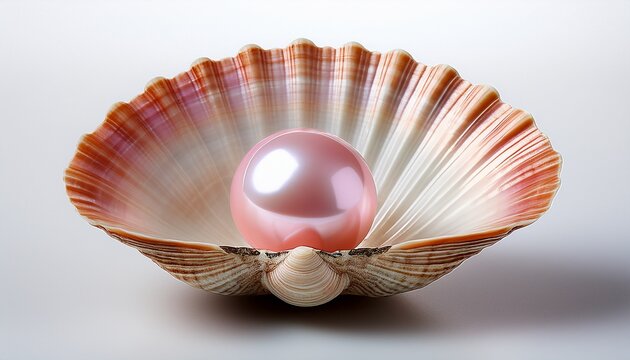 Pink Pearl Nestled Within An Open Clam Shell On A White Background