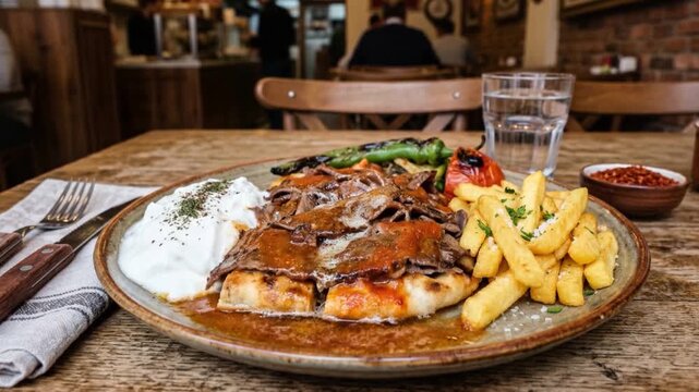 Traditional Turkish Iskender kebab with sliced d&ouml;ner meat, tomato sauce, yogurt, and fries served in a cozy restaurant setting.