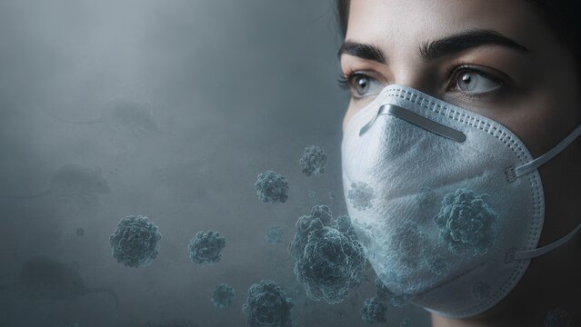 Masked Woman with N95 Respirator and Floating Hantavirus Particles in Dark Clinical Blue Atmosphere