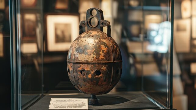 An old rusted grenade displayed as a historical artifact in a museum glass case with descriptive plaques