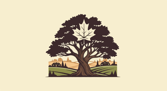 Large oak tree with maple leaf silhouette at its center, nestled in a rural landscape