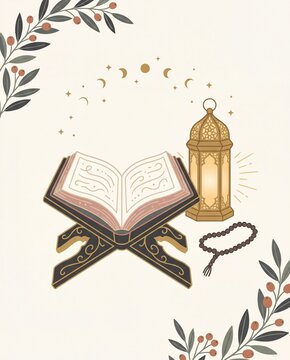 Laylat al Qadr night of power Quran on rehal lantern and tasbih illustration