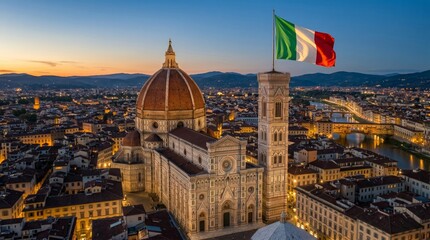 Obraz premium Breathtaking aerial twilight panorama of Florence, Italy, showcasing the illuminated Duomo cathedral, Giotto's Campanile, and the historic city skyline.