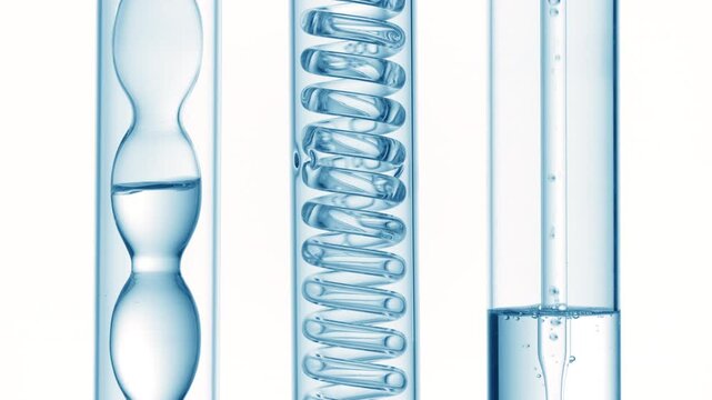 Three vertical lab glassware pieces, water-clear fluid fills bulb condenser with bubbles rising, flowing through glass coil and filling tube via dropper over clean white background | Mineral water