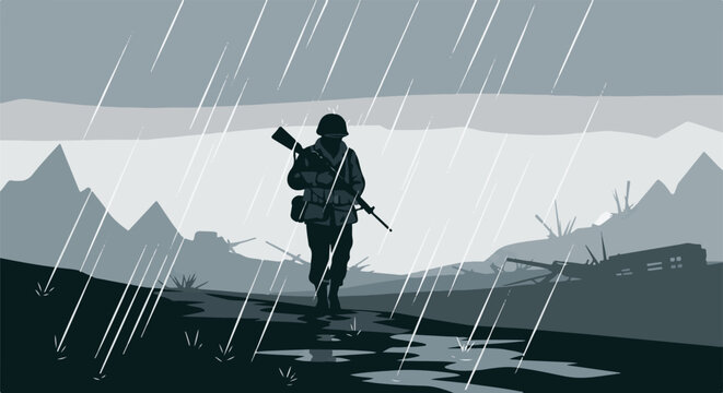 Lone soldier trudges through a war-torn landscape in heavy rain