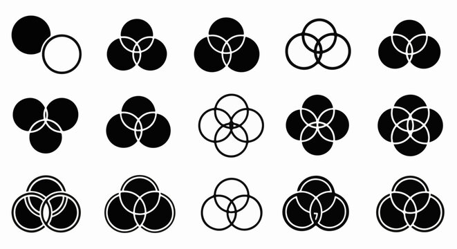 Intersecting circles and shapes illustrating logical relationships, Venn diagrams, and set theory concepts