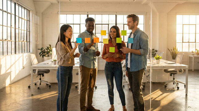 Multicultural group of product designers pressing colorful user feedback sticky notes onto a glass wall in a sunlit open office, golden summ 3