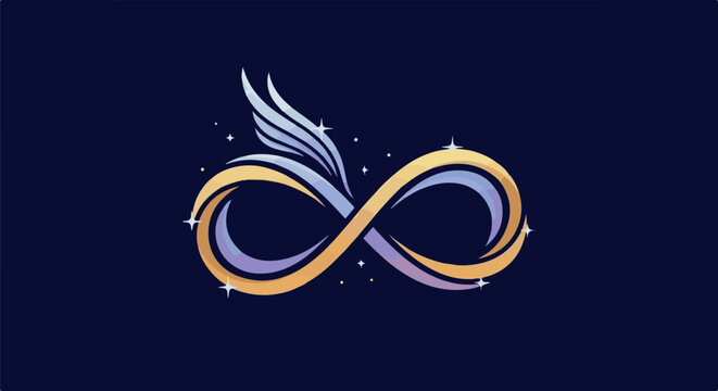 Golden and lavender infinity symbol with wings and stars against a dark blue background