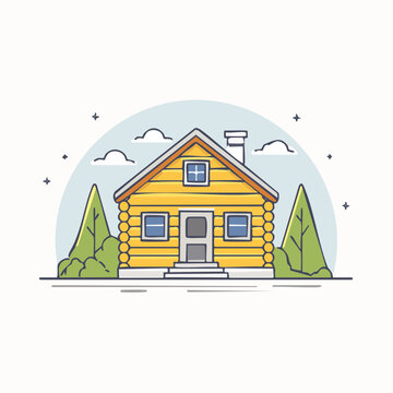 Illustration of a yellow log cabin with trees and clouds