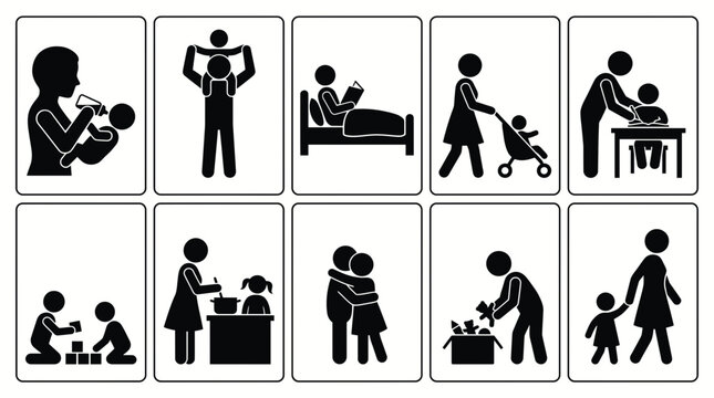 Set of icons representing parenting and childcare activities