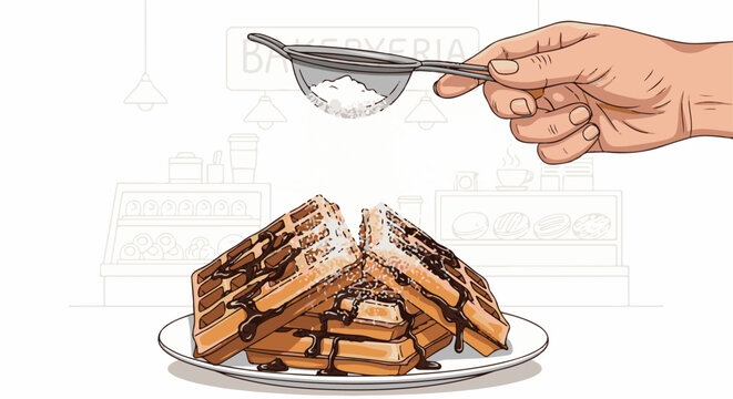 Hand dusting powdered sugar onto chocolate-drizzled waffles in a bakery