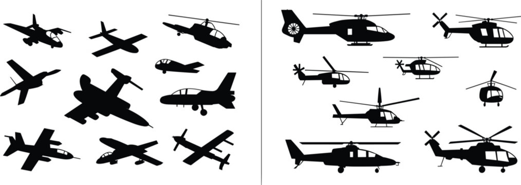 Silhouette airplanes and helicopters, aviation illustration, aircraft vector design, flying machines, aeronautical art, military jets, rotorcraft shapes, aviation graphics