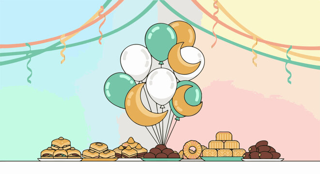 Festive balloons float above plates of assorted sweet treats and crescent moons