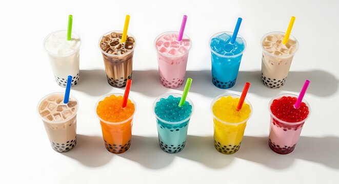 Assorted bubble tea flavors in clear plastic cups with straws