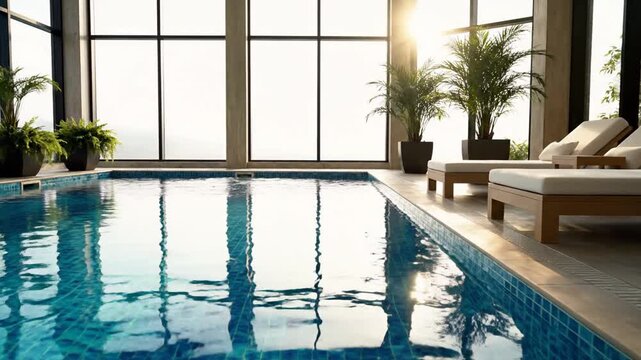 Luxury indoor swimming pool with lounge chairs and sunlight